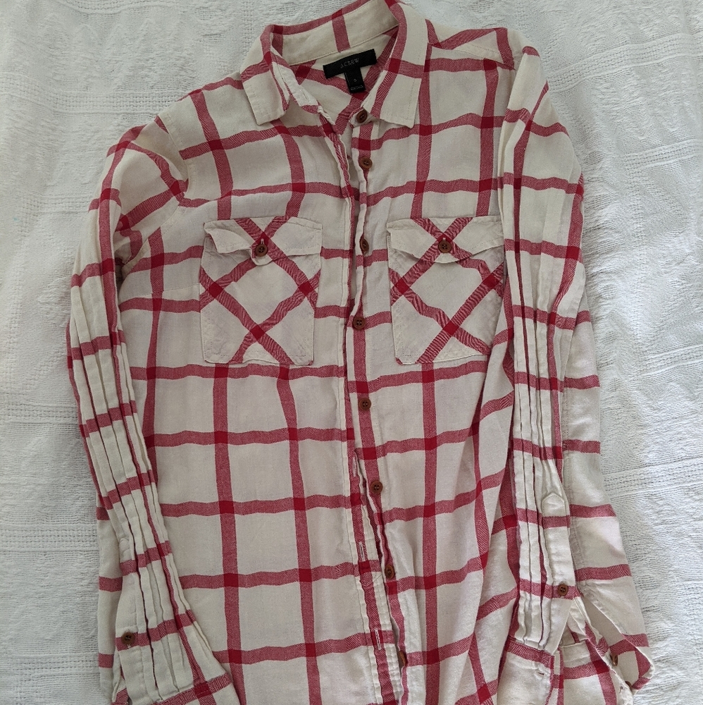 J Crew Red and White Plaid Button Down